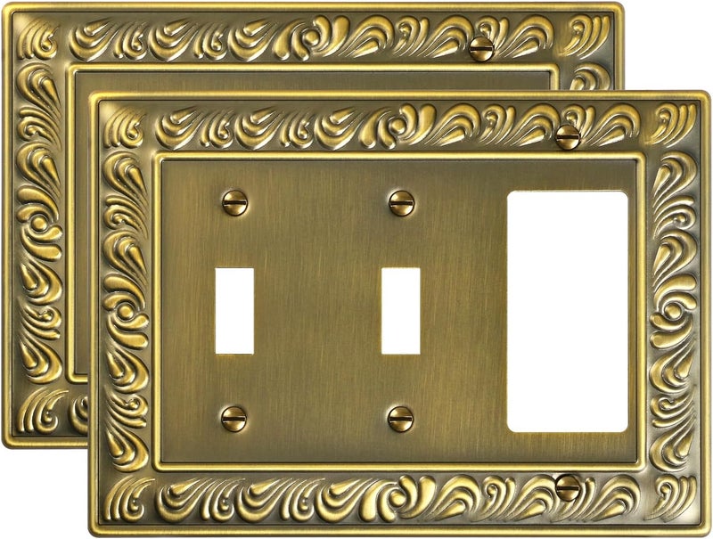 treewell 2-Pack Combo Double Toggle/Single Decorator Outlet Cover Plate, Paisley Pattern Decorative Switch Plates and Outlet Covers, 4 Gang Antique Brass Metal Wall Plates, Corrosion Resistant - Image 1